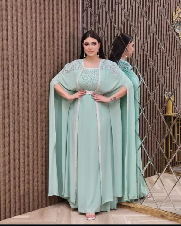قفطان مغربي شيفون لون تيفاني