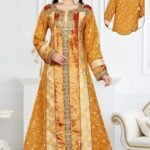 جلابية استقبال تطريز مدخل مخمل مشجر لون  كموني