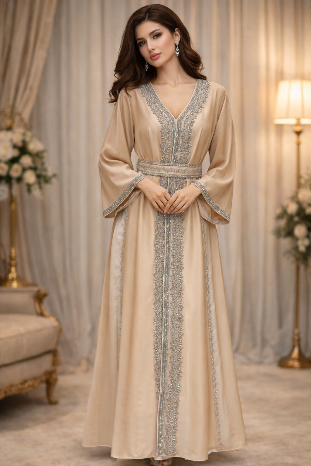 B99CC486-AF58-49D3-89E6-1B0E94B9D364 قفطان مغربي سهره قطعتين داخليه ابيض - الصورة 1