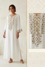 جلابيه فاخره قطن بطريز كرستال لامع لون ابيض خامه قطن