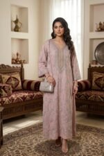 جلابيه خامه كريب مطرز بترتر فضي من الامام مع الاكمام